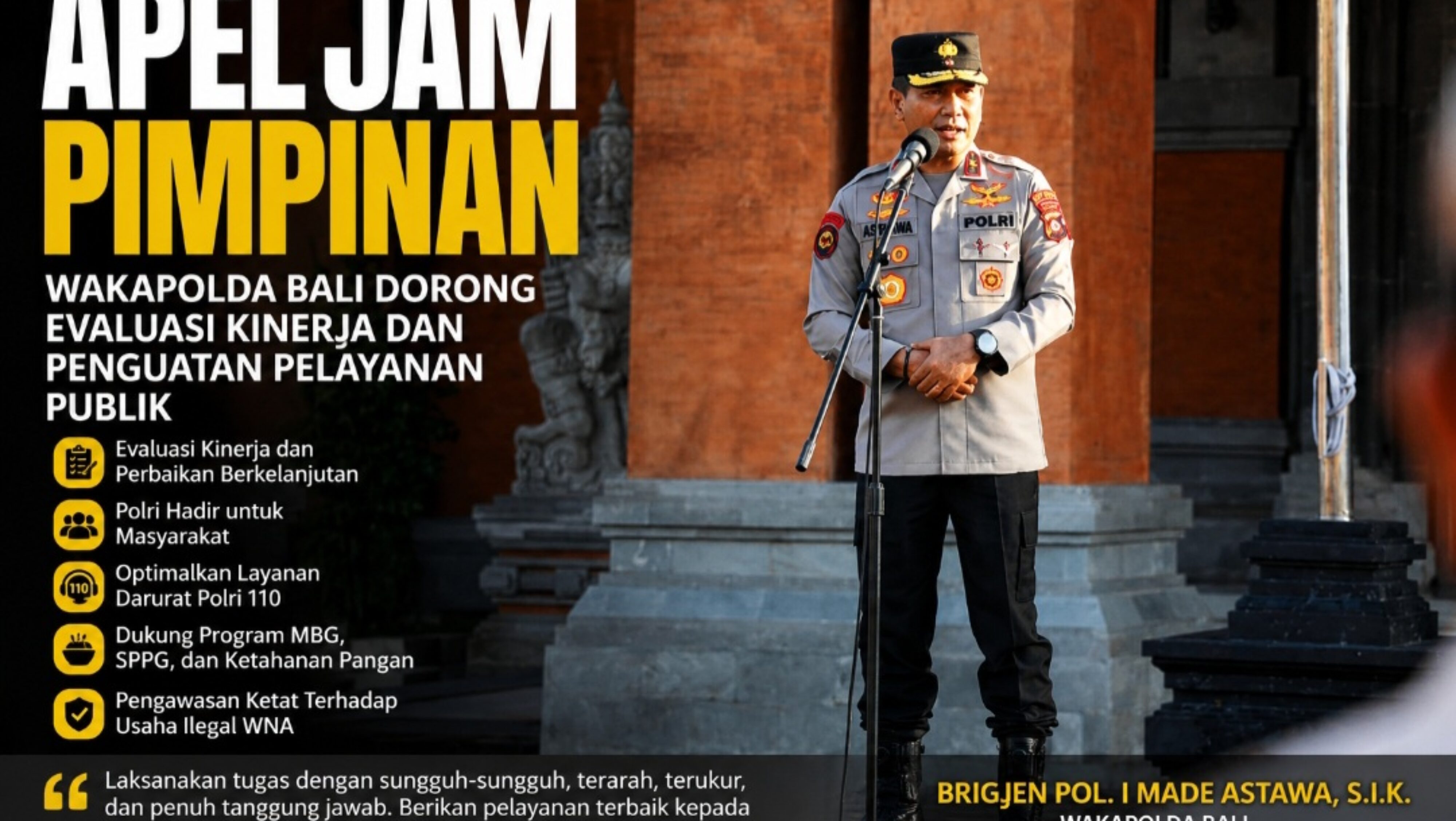 Apel Jam Pimpinan, Wakapolda Bali Tekankan Evaluasi Kinerja, Penguatan Pelayanan Publik dan Profesionalisme Personel